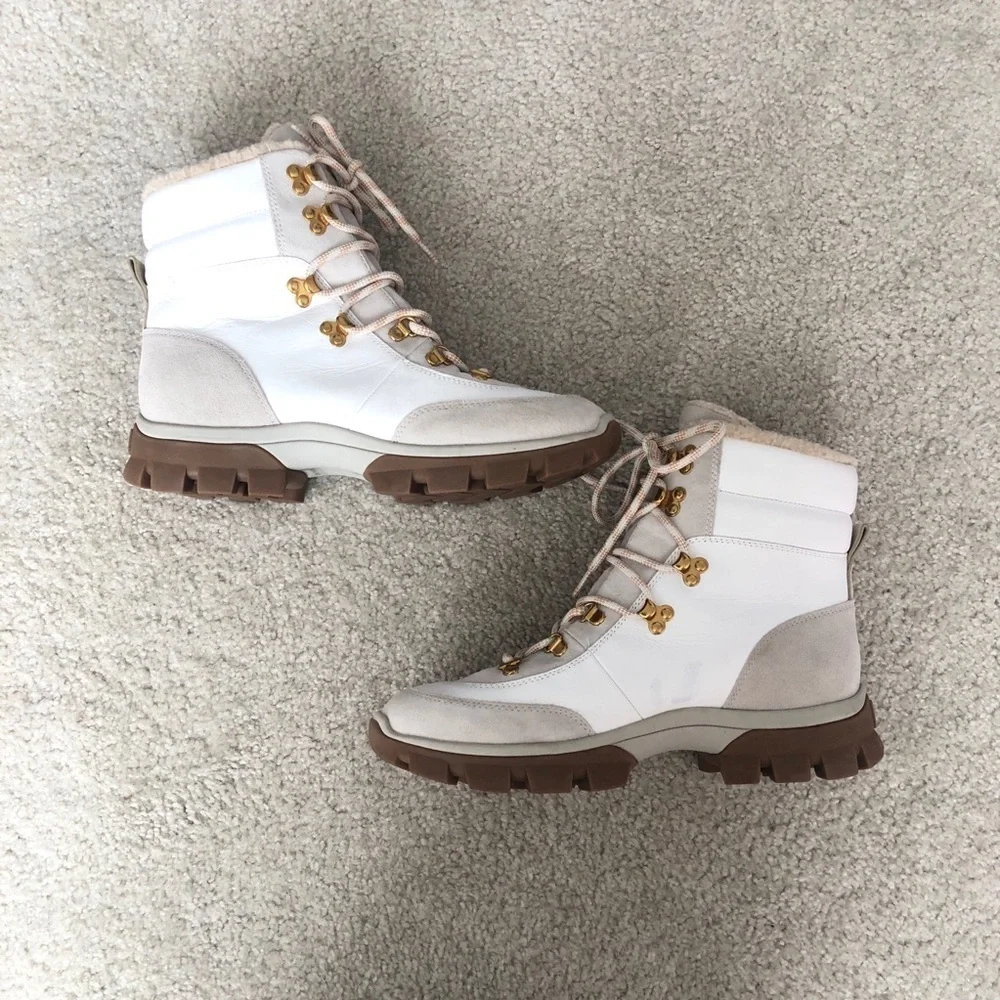 Veronica Beard Galina Boot In White And Snow Leather Lace up Boots Size 10.5